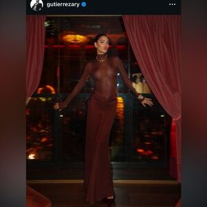 NEW Mock Neck Front Wrap sheer sexy burgundy Detail Maxi Party mesh Dress